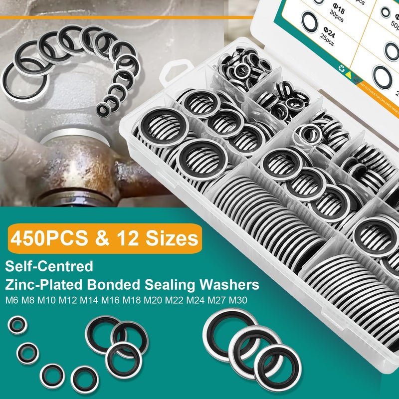 Dekiphox 450PCS Bonded Sealing Washers Automotive Metric Zinc-Plated Steel Rubber Sealing Washer Kit Self-Centred Metal Seal Gasket Crush Washers M6 M8 M10 M12 M14 M16 M18 M20 M22 M24 M27 M30 - Image 3
